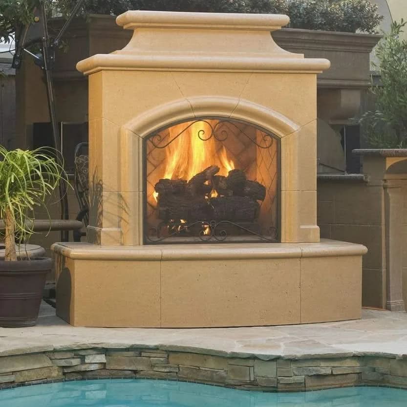 American Fyre Designs 67 Inch Vented Free-Standing Outdoor Mariposa Fireplace, 16 Inch Radiused Bullnose, Hearth and Body, Cafe Blanco, Key Value on the RIGHT/Gas Source out the BACK- 073-01-A-CB-RBC - image 2