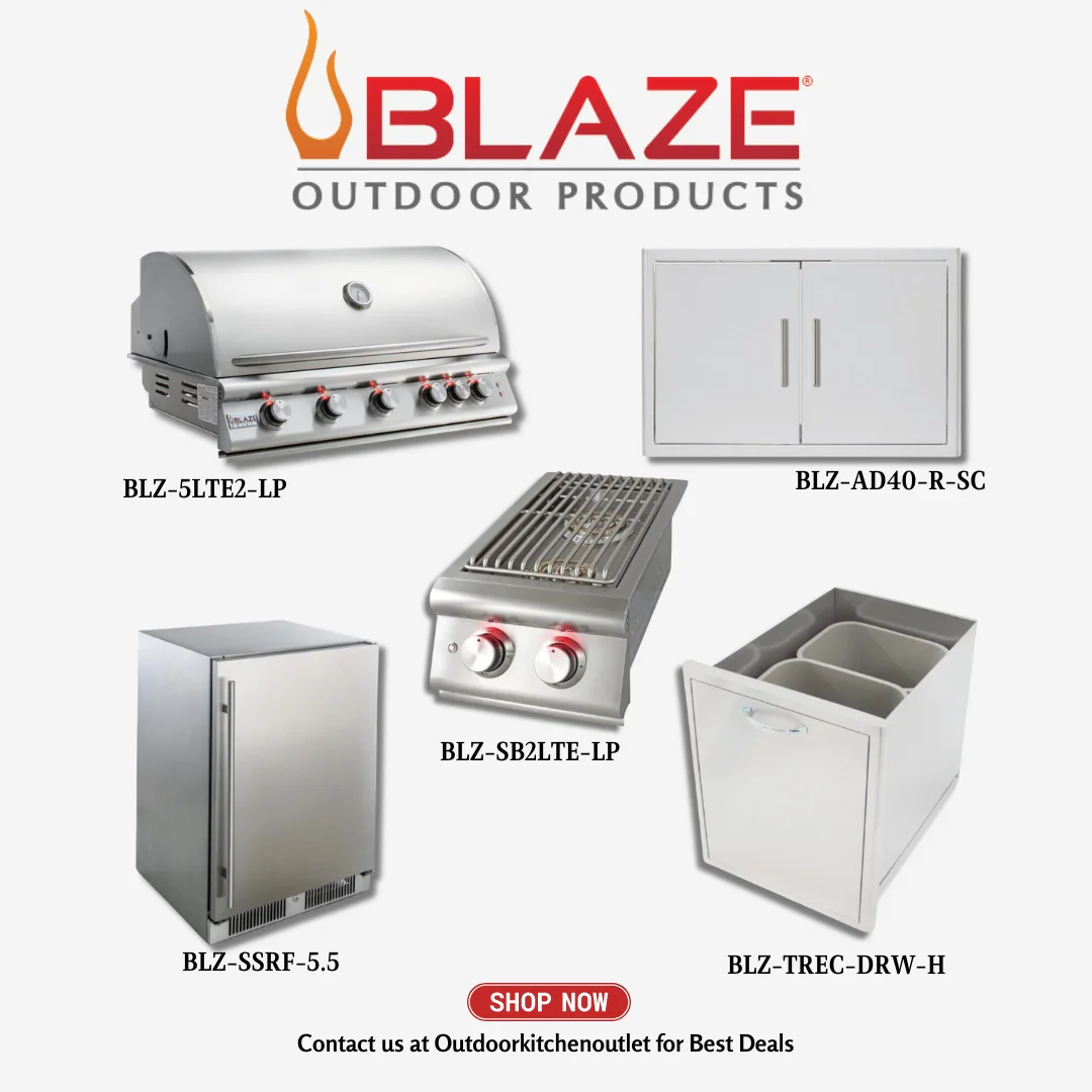 Blaze Outdoor Standard Package LTE 40-inch 5 Burner grill with Stainless Steel Access door, Side Burner, Refrigerator and Trash Drawer LP