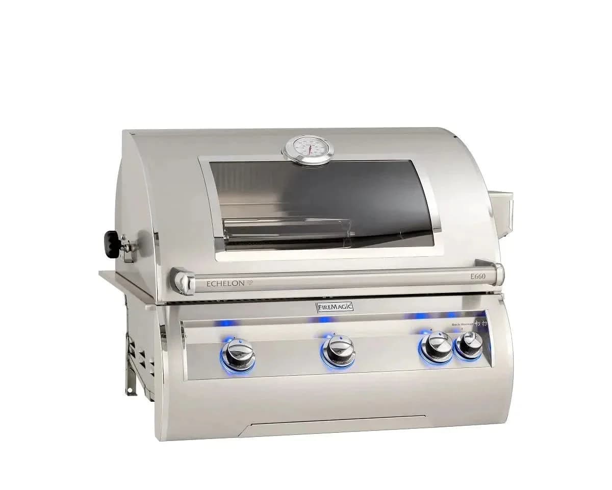 Fire Magic Echelon Diamond E660i 30-Inch Propane Gas Built-In Grill with Backburner, Rotisserie Kit, Magic View Window and Analog Thermometer - E660I-8EAP-W
