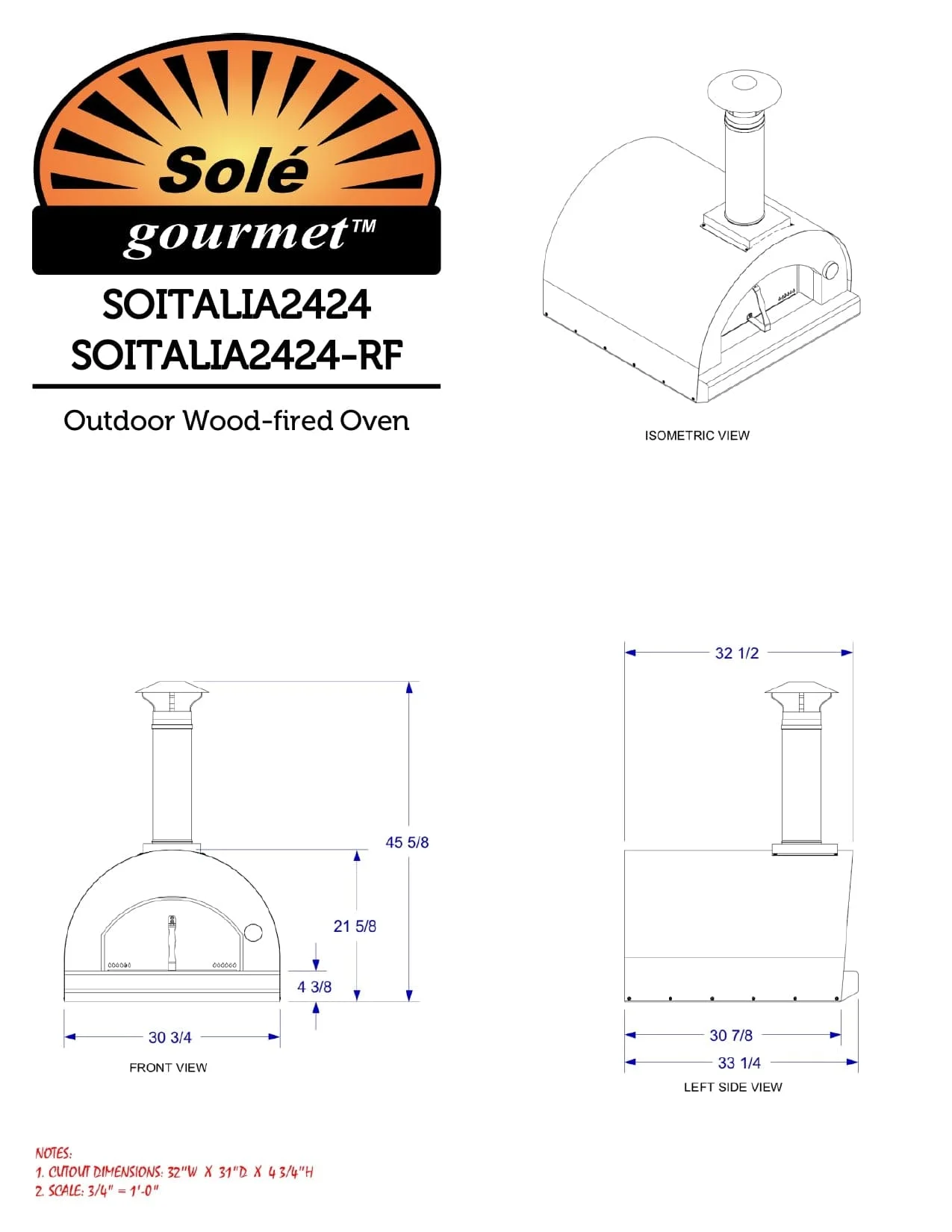 Sole Gourmet Italia - 32-Inch Countertop Outdoor Pizza Oven - Wood Fired - ITALIA2432-RF - image 2