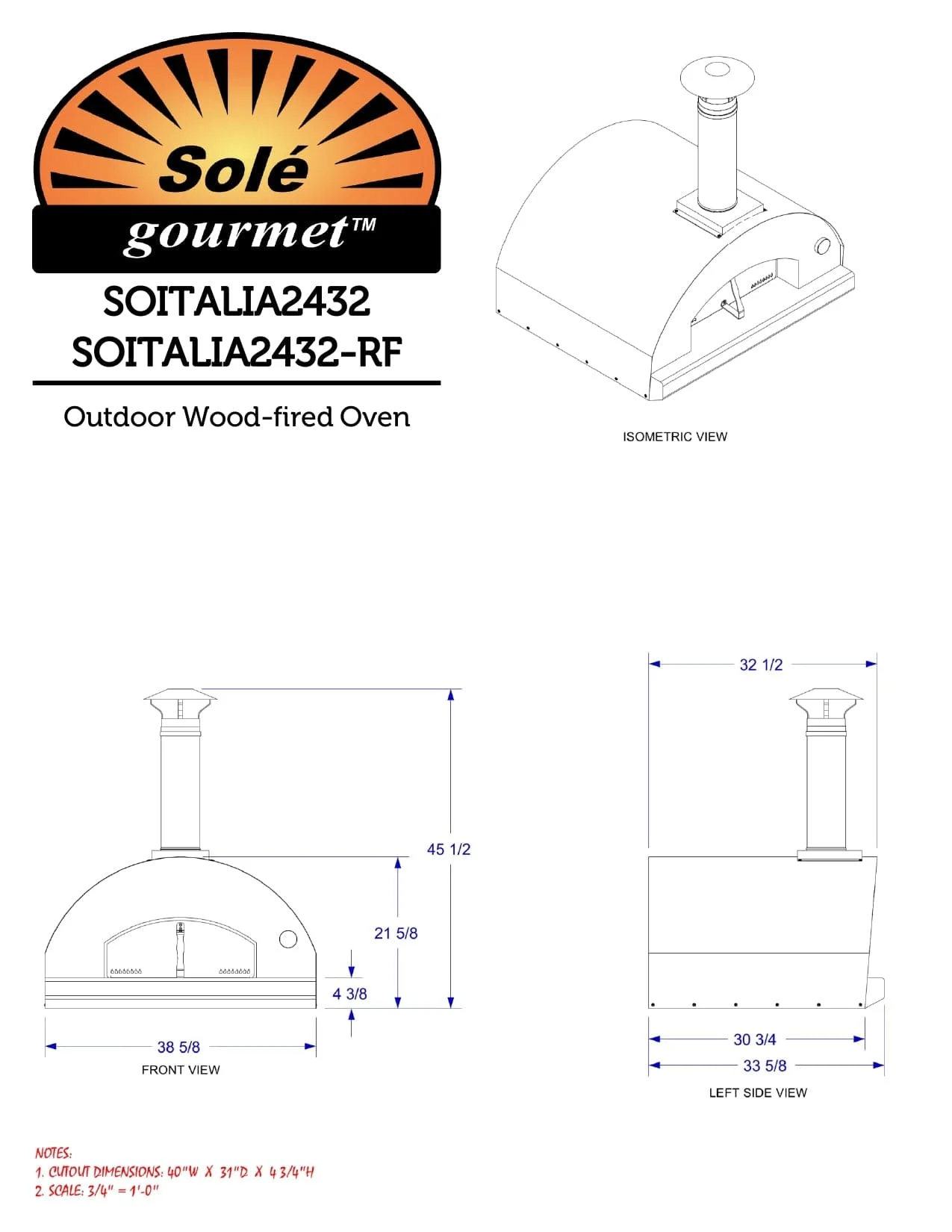 Sole Gourmet Italia - 32-Inch Countertop Outdoor Pizza Oven - Wood Fired - ITALIA2432-RF - image 3