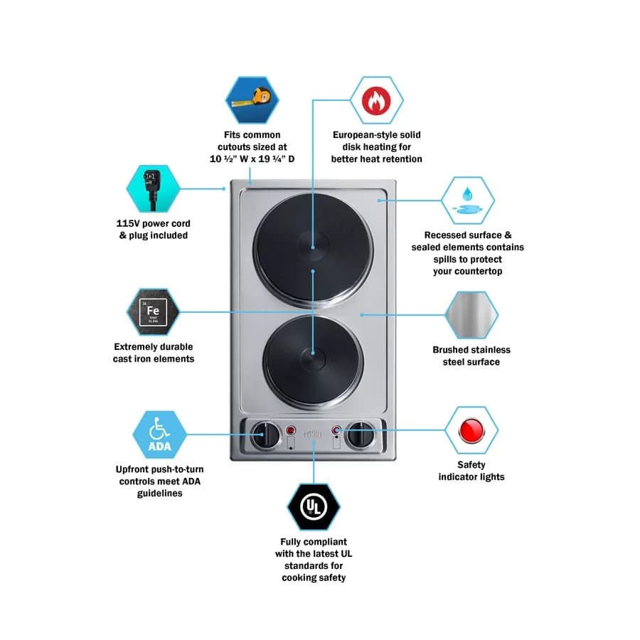 Summit - 12 Wide 115V 2-Burner Solid Disk Cooktop - CSD2B115 - image 2