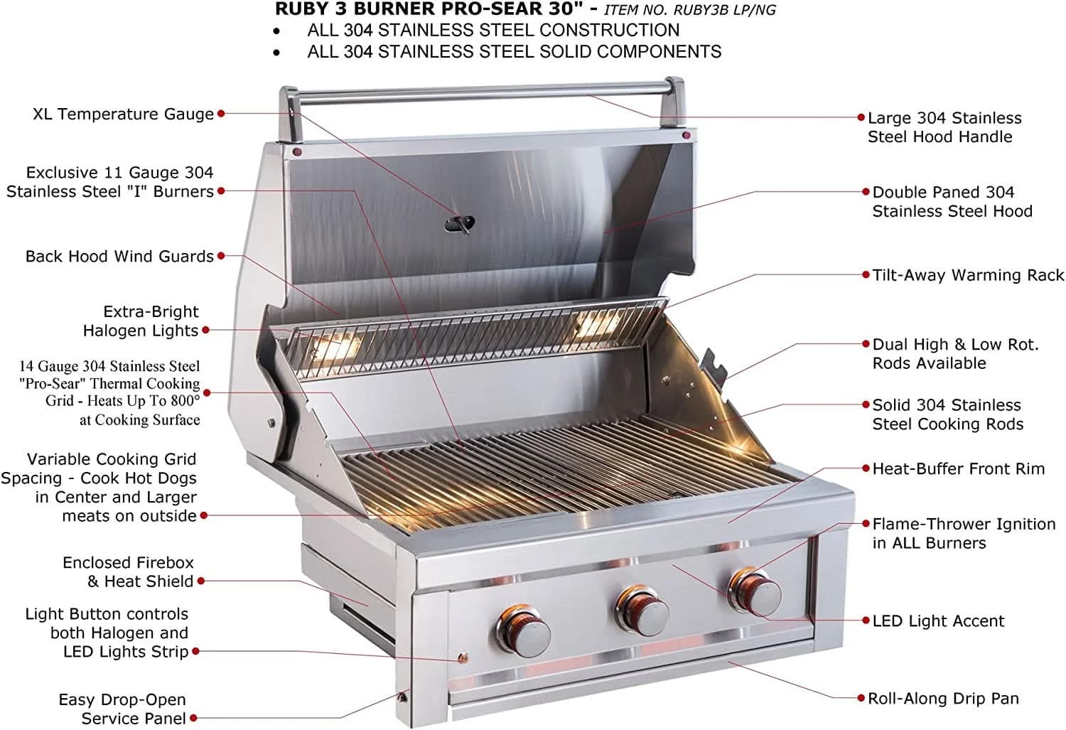 Sunstone Ruby - 30-Inch 3-Burner Built-In Grill - Natural Gas - RUBY3B-NG - image 2