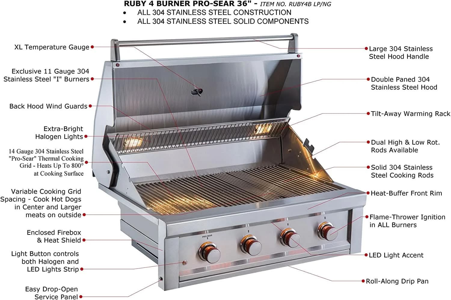 Sunstone Ruby - 36-Inch 4-Burner Built-In Grill with Pro Sear - Natural Gas - RUBY4B-NG - image 2