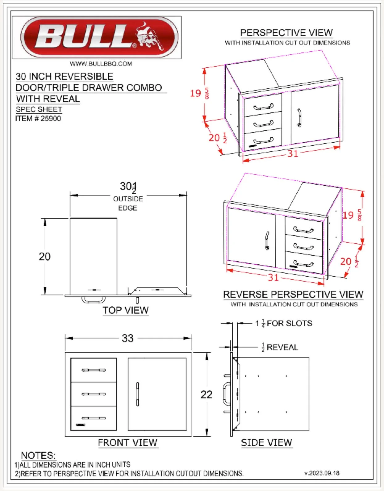 Bull 30" 3 Drawer Door Combo w/ Reveal - 25900 - image 10