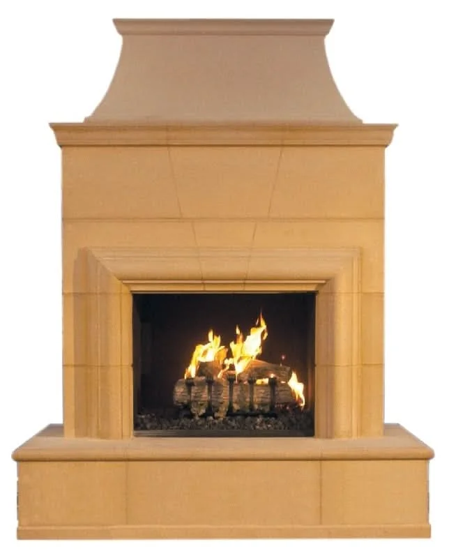 American Fyre Designs 95 Inch Vented Free-Standing Outdoor Cordova Fireplace, 110 Inch Radiused Bullnose, No Recess, Cafe Blanco, Key Value on the RIGHT/Gas Source UNDERNEATH- 022-37-N-CB-RUC
