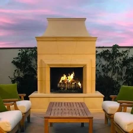 American Fyre Designs 95 Inch Vented Free-Standing Outdoor Cordova Fireplace, 110 Inch Rectangle Extended Bullnose, No Recess, Cafe Blanco, Key Value on the LEFT/Gas Source out the BACK- 022-35-N-CB-LBC