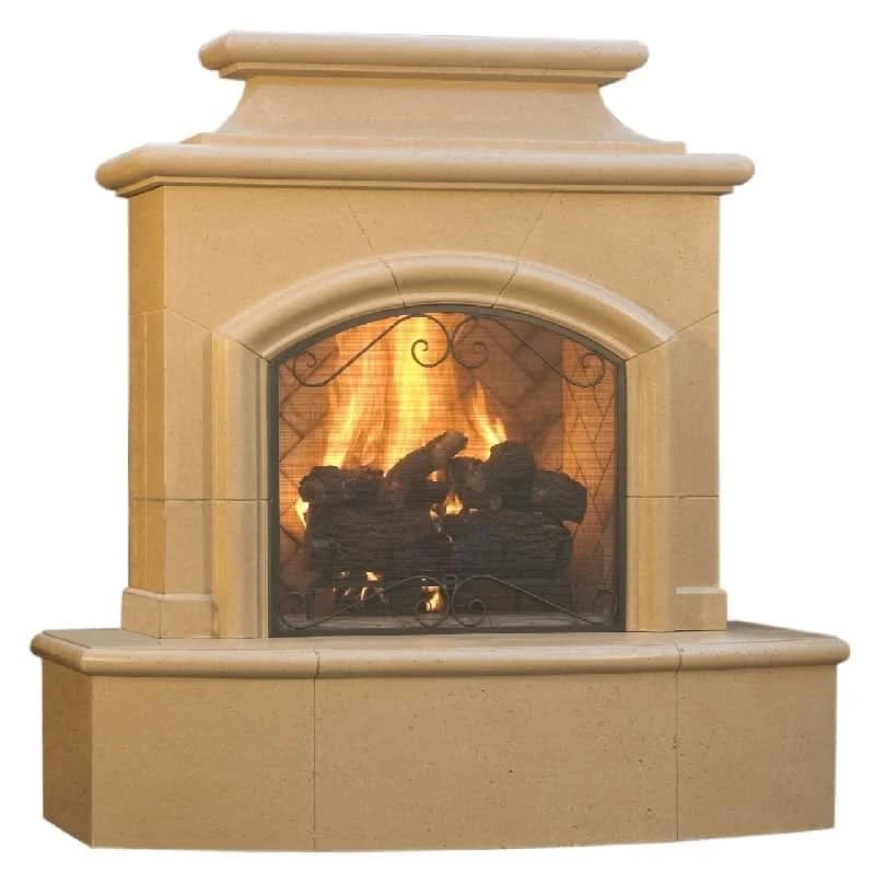 American Fyre Designs 67 Inch Vented Free-Standing Outdoor Mariposa Fireplace, 113 Inch Extended Bullnose, Hearth and Body, Cafe Blanco, Key Value on the RIGHT/Gas Source out the BACK- 073-05-A-CB-RBC