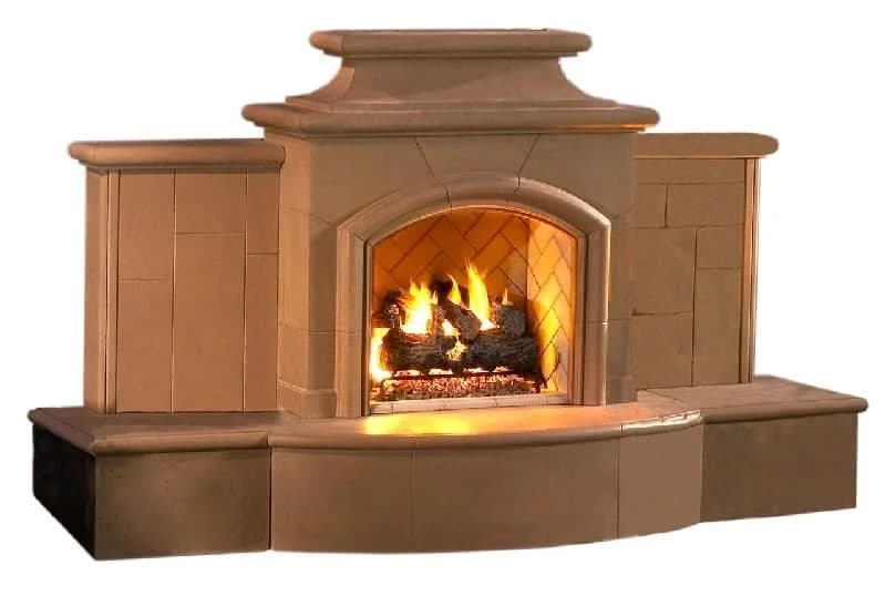American Fyre Designs 67 Inch Vented Free-Standing Outdoor Grand Mariposa Fireplace with Extended Bullnose Hearth, No Recess, Cafe Blanco, Key Value on the RIGHT/Gas Source UNDERNEATH- 868-05-N-CB-RUC