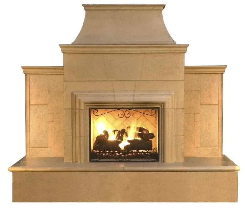 American Fyre Designs 95 Inch Vented Free-Standing Outdoor Grand Cordova Fireplace with Rectangle Extended Bullnose Hearth, No Recess, Smoke, Key Value on the LEFT/Gas Source out the BACK- 882-35-N-SM-LBC