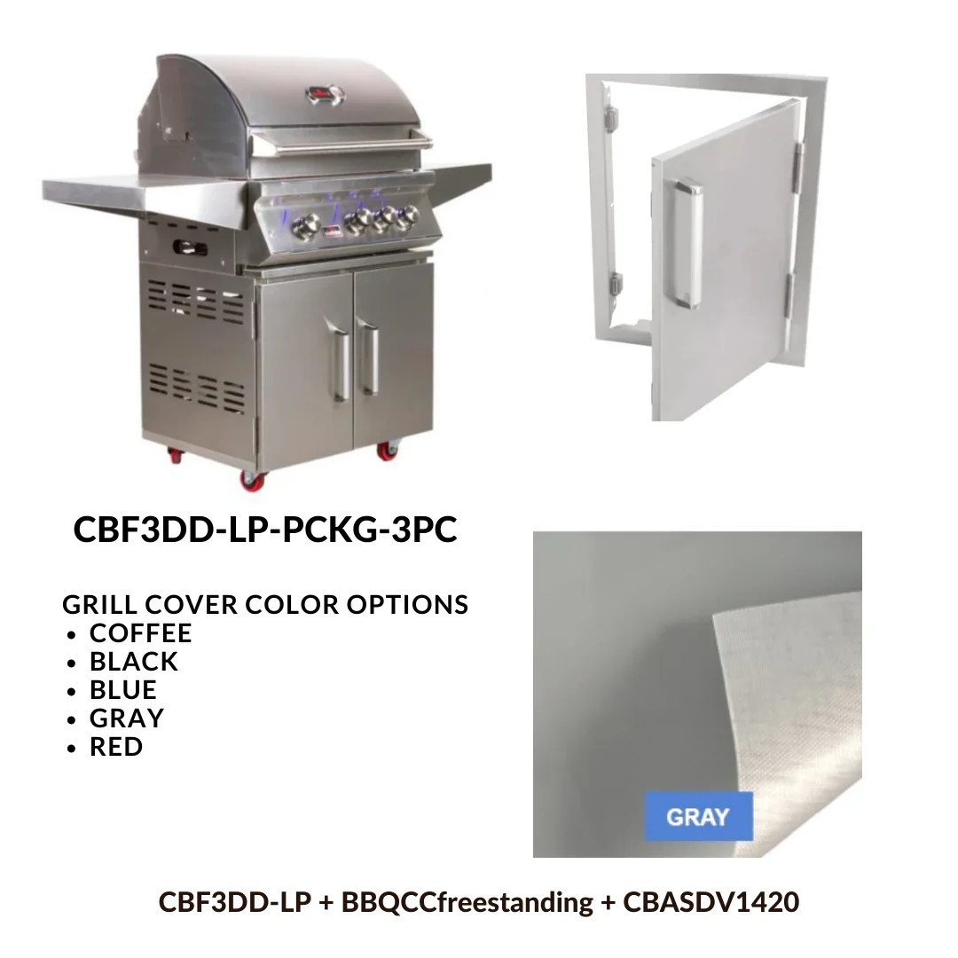 Whistler Basic Package 3 burner Freestanding Double Door Cart Gas Grill with Stainless Steel Access door and Custom Grill cover with 5 year warranty LP
