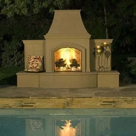 American Fyre Designs 87 Inch Vented Free-Standing Outdoor Grand Phoenix Fireplace with Extended Bullnose Hearth, No Recess, White Aspen, Key Value on the RIGHT/Gas Source Out the Back- 818-05-N-WA-RBC