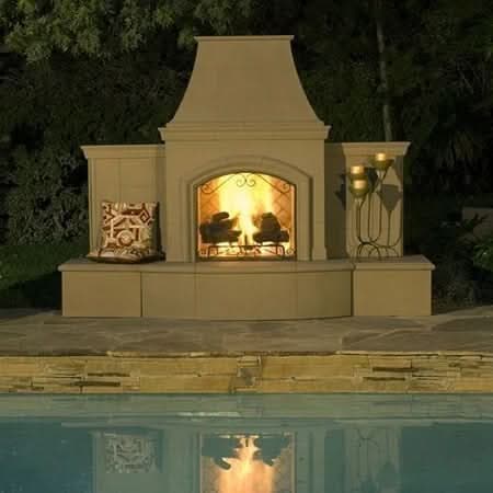 American Fyre Designs 87 Inch Vented Free-Standing Outdoor Grand Phoenix Fireplace with Extended Bullnose Hearth, No Recess, White Aspen, Key Value on the RIGHT/Gas Source UNDERNEATH- 818-05-N-WA-RUC