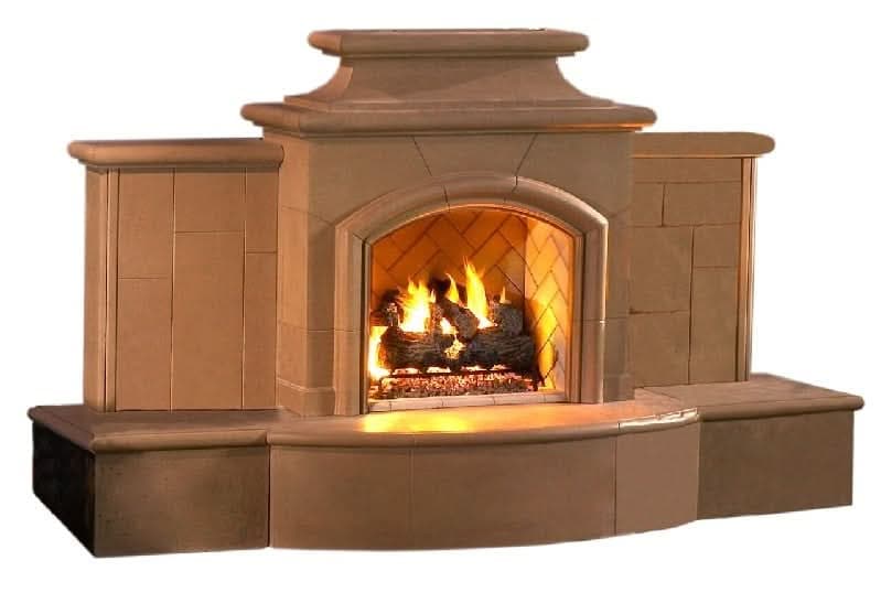 American Fyre Designs 67 Inch Vented Free-Standing Outdoor Grand Mariposa Fireplace with Extended Bullnose Hearth, No Recess, Cafe Blanco, Key Value on the RIGHT/Gas Source UNDERNEATH- 868-05-N-CB-RUC