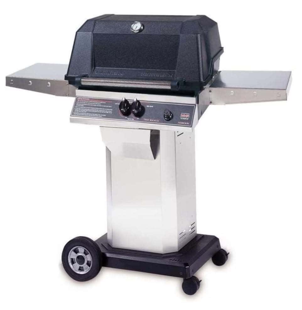 MHP WNK4DD - 57-Inch 2-Burner Stainless Cart Grill with Stainless Steel Shelves and Sear Magic Grids - Liquid Propane Gas - WNK4DD-PS + OCOL + OM-P